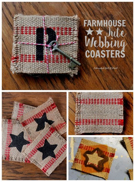 Making jute webbing coasters with a farmhouse look Upholstery Webbing Crafts, Jute Webbing Crafts, Upholstery Webbing, Farmhouse Coasters, Coaster Ideas, Quilted Coasters, Craft Board, Jute Crafts, Handmade Stuff