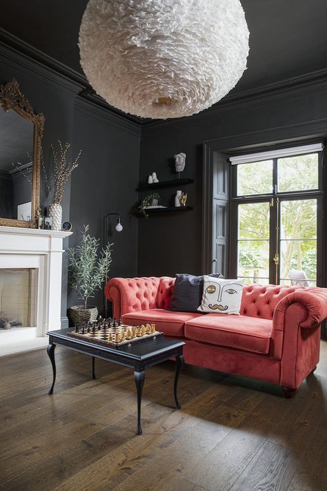 Real home: 7 lessons we learned from Ally Dowsing-Reynolds' dark and daring house tour | Real Homes Dowsing And Reynolds, Red Chaise Lounge, Mirror Over Fireplace, Coffee Table Decor Ideas, Latest Decorating Trends, Victorian Renovation, 7 Design, 7 Up, Lounge Ideas