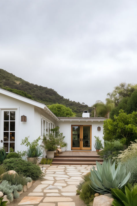 Desert Spanish Landscaping, California Front Yard, Native California Landscaping, California Native Landscape Backyards, Spanish Mediterranean Homes Exterior, Small Desert Home Exterior, Los Angeles Native Landscaping, Desert Homes Exterior Arizona, Spanish Patio Ideas