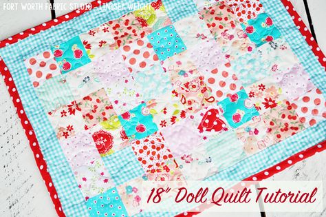 Fort Worth Fabric Studio: 18" Doll Quilt Tutorial Quilted Doll Blanket, Doll Bed Quilts, Doll Quilt Patterns Free, Doll Blankets To Sew, Miniature Quilts Patterns Free, Doll Quilt Patterns, American Girl Doll Quilt, Doll Blankets, Girl Quilts Patterns