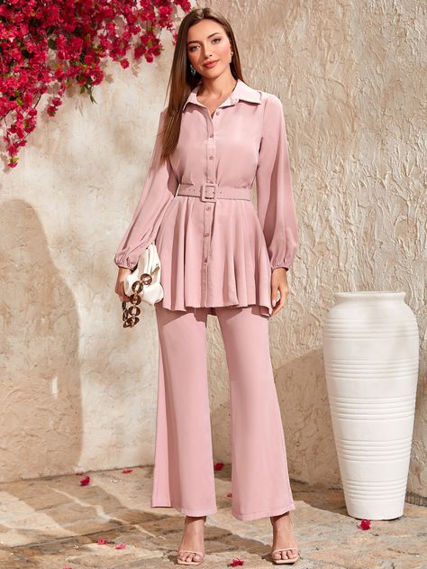 Pink Elegant  Long Sleeve  Plain  Embellished Non-Stretch  Women Co-ords Coord Set With Belt, Georgette Cord Set Western, Summer Cord Set Women, Traditional Cord Set, Plain Coord Sets For Women, Plain Cord Set Design, Braun Dress, Western Coord Sets For Women, Cord Set Outfit Women Western