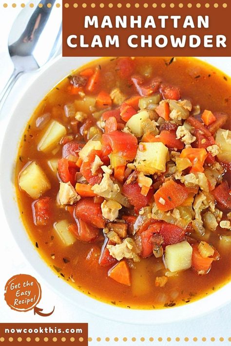 This Manhattan Clam Chowder (or red clam chowder) is loaded with clams, potatoes, vegetables, and bacon in a rich and tasty tomato broth (and it's lighter than it's creamy cousin). Using canned chopped clams make it quick and easy enough for a weeknight dinner, lunch, or first course to a seafood (or any) meal! Get the recipe and try it! Manhatten Clam Chowder, Red Clam Chowder, Canned Clam Recipes, Clam Chowder Soup, Manhattan Clam Chowder, Clam Chowder Recipe, Potatoes Vegetables, Chowder Soup, Tomato Broth