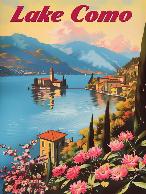 Embrace the timeless charm of Italy with our "Lake Como in Bloom" Vintage Travel Poster. This exquisite piece captures the essence of one of Italy's most picturesque destinations, presenting Lake Como in all its glory, adorned with flourishing pink blossoms that frame the scene. Ideal as a standout piece for your home, office, or as a gift for a lover of Italian landscapes, this high-quality, printable artwork offers versatility and ease of display. Lake Como Poster, Italian Scenery, Retro Italy, Vintage Italian Posters, Lake Garda Italy, Italian Posters, Italy Poster, Italian Landscape, Italy Art