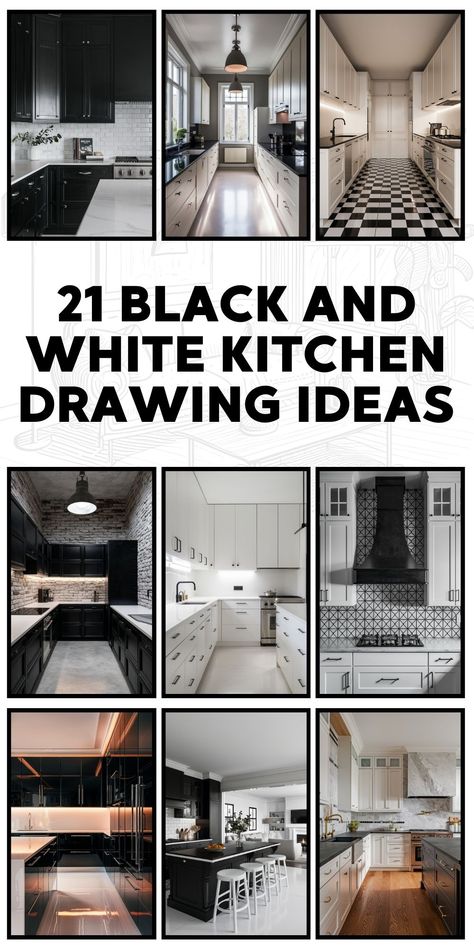 21 Black and White Kitchen Ideas - Modern Designs, Cabinets, Floors & Backsplash Ideas White Kitchens With Black Islands, Black Cabinet Handles On White Cabinets, Black White Walnut Kitchen, Minimalist Kitchen Backsplash Ideas, Kitchen Mood Board White Cabinets, White Kitchen Floors, Unique Backsplash Ideas, Black And White Kitchen Design, Modern Black And White Kitchen