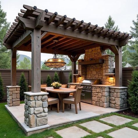 Rustic Pergola with Outdoor Kitchen Backyard Pergola Ideas, Pergolas Ideas, Modern Pergola Designs, Rustic Pergola, Pergola Carport, Roofing Options, Floating Deck, Pergola Ideas, Modern Pergola