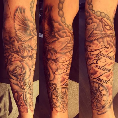 Gaps all filled in, Greek God Atlas to come on top part of sleeve and some finishing touches  #tattoo #tattoos #rosetattoo #pocketwatchtattoo #timepiece #dove #dovetattoo #rose #ink #inked #script #scripttattoo #latin #boyswithink #boyswithtattoos #sleeve #halfsleeve #sleeveinprogress Boys With Tattoos, Dove Tattoo, Pocket Watch Tattoo, Tattoo Script, Greek God, Tattoos Ideas, Greek Gods, Rose Tattoo, Half Sleeves