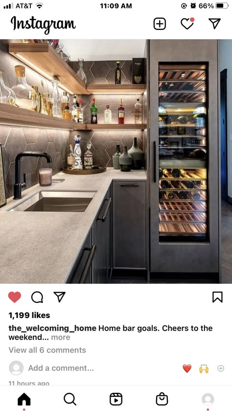 Basement Bar With Tall Wine Fridge, Kitchen Liquor Cabinet Ideas, L Shape Basement Bar, L Shape Wet Bar, Basement Posts, Basement Wine Bar, Tall Wine Fridge, L Shape Bar, Built In Wet Bar