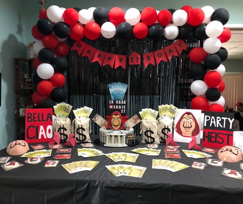 Money Heist Birthday Theme, Money Heist Theme Party, Netflix Themed Party, Candy Table Decorations, Superhero Decorations, New Birthday Cake, Grandpa Birthday, Jesus Birthday, Birthday Party Decorations Diy