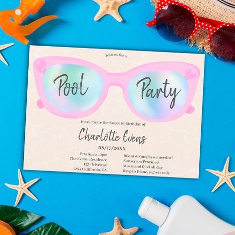 Pink pool party holographic glasses Sweet 16 Summer Party Fun - fun pool paty, cool and trendy summer party, sweet 16 birthday celebration, pink holographic, cute pink sunglasses, water background, modern script brush signature, tropical beach swimming theme, sweet sixteen invite, pastel blush pink Sweet 16 Summer, Pink Pool Party, Holographic Glasses, 65th Birthday Invitations, Tropical Pool Party, Tropical Birthday Invitations, Pink Pool, Modern Pool, Summer Party Invitations