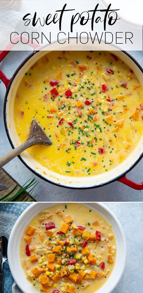 Sweet Potato Chowder Recipe, Potato Corn Chowder Soup, Sweet Potato Chunks, Corn Chowder Soup, Corn Soup Recipes, Potato Corn Chowder, Sweet Potato Soup Recipes, Potato Chowder, Corn Chowder Recipe