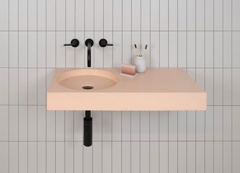 Cero offers an offset vanity and a circular bowl. Cement Sink, Concrete Vanity, Wall Mounted Taps, Wall Mount Sink, Concrete Sink, Concrete Basin, Bathroom Trends, Bathroom Wallpaper, Trend Report