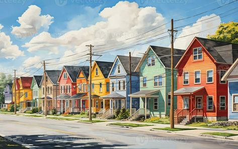 Suburban Neighborhood with Colorful Row. Generative AI Cute Neighborhood Houses, Stopmotion Idea, Neighborhood Illustration, Neighborhood Background, Suburban Aesthetic, Suburban Town, Suburban Neighborhood, Real Background, Reference Board