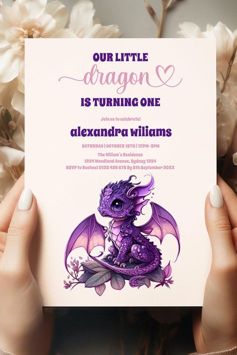 Cute Watercolor Purple Dragon 1st Birthday Invitation Dragon Baby Shower Invitations, Fairytale Invitation, Dragon Baby Shower, Boy Shower Invitations, Mythical Dragons, Purple Dragon, 1st Birthday Invitation, Joyous Celebration, Cute Watercolor