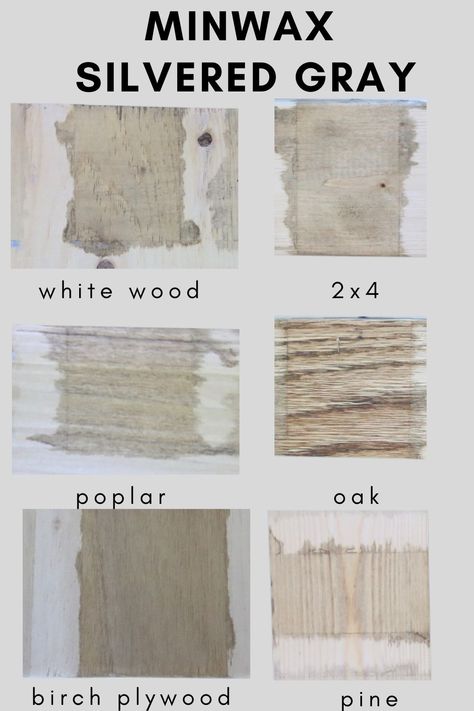 Minwax Silvered Gray stain on different types of wood Minwax Silvered Gray Stain, Minwax Classic Gray Stain, Weathered Gray Wood Stain, Porch Stain, Gray Wood Stain, Minwax Wood Stain, Minwax Colors, White Wood Stain, Varathane Stain