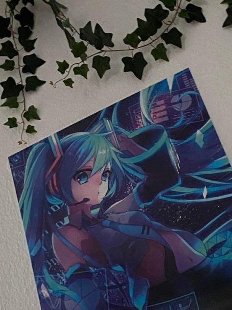 ∩^ω^∩ | （╹◡╹）♡ | miku | poster | wall | blue | vocaloid | hatsune miku | ivy | ivy leaves | miku hatsune | cute | cute room | decorating | decorating wall | kawaii | aesthetic | kawaii room | kawaii decorating Vocaloid Room Decor, Hatsune Miku Room Decor, Miku Hatsune Cute, Blue Vocaloid, Miku Room, Aesthetic Kawaii Room, Miku Poster, Wall Blue, Cute Room