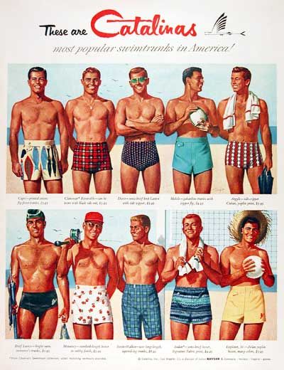 1955 - Catalina Men's Swimwear Vintage Ad Catalina Swimwear, Men Pose, 1950s Mens, Mens Bathing Suits, Ball Games, Vintage Bathing Suits, Vintage Swim, Men's Swimwear, Vintage Swimwear