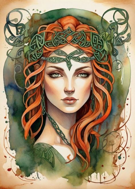 Flidais Celtic Goddess, Brigid Symbols, Gaia Goddess Art, Celtic Mythology Art, Scottish Clothes, Norse Goddesses, Runes Celtic, Druid Magic, Ginger Copper Hair