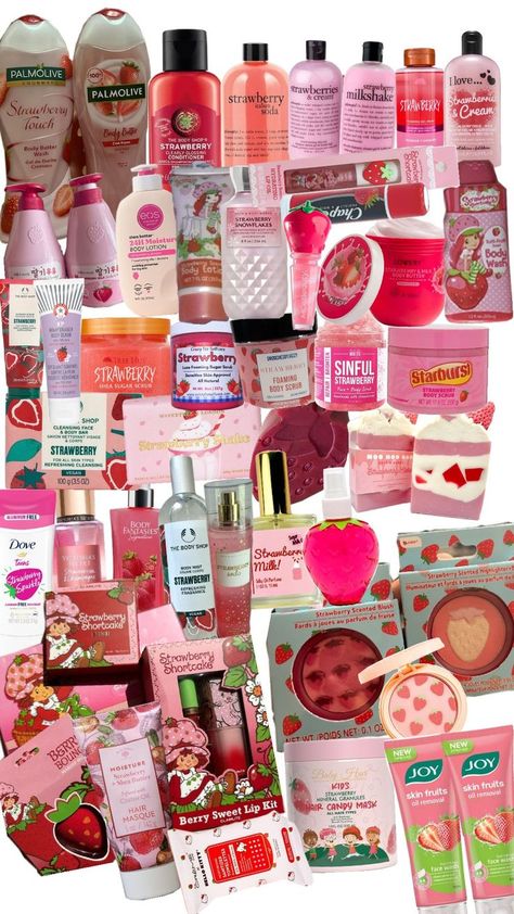 strawberry products shampoo condioner body wash body scrub lip gloss chap stick hair mask shower routine hair care makeup routine Shower Routine Hair, Strawberry Products, Strawberry Scrub, Strawberry Shampoo, Routine Hair Care, Princess Core, Strawberry Milkshake, Shower Routine, Strawberries And Cream