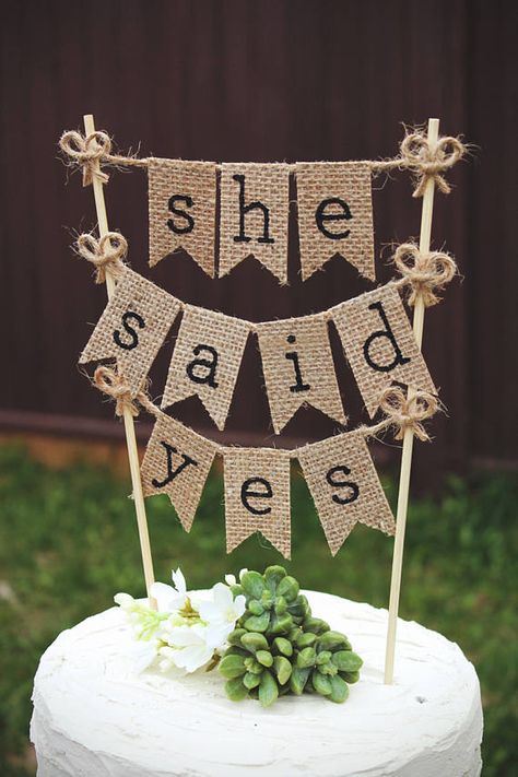 She Said Yes, Bridal Shower Cake Topper, Bride To Be, Burlap Bridal Shower Topper, Rustic Wedding Shower, Burlap Cake Topper, She Said Yes Cake Topper, Rustic Burlap Bridal Shower Cake Topper, Rustic Burlap Wedding Shower Cake Topper, She Said Yes Wedding Cake Diy Wedding Cake Table, She Said Yes Cake, Bridal Shower Cakes Rustic, Burlap Wedding Cake, Wedding Table Toppers, Rustic Burlap Wedding, Outdoor Bridal Showers, Wedding Shower Cakes, Bridal Shower Cake Topper