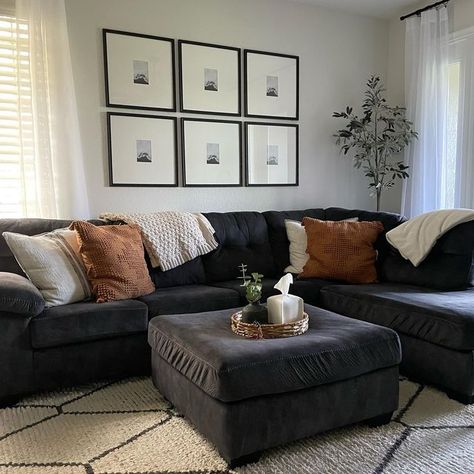 Black Couch Living Room, Dark Grey Couch Living Room, Black Sofa Living Room, Grey Sofa Living Room, Small Barndominium, Apartment Decorating Living, Grey Couch Living Room, Living Room Decor Gray, Apartment Living Room Design