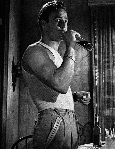 Marlon Brando as Stanley Kowalski A Streetcar Named Desire (1951) dir. Elia Kazan Marlon Brando Streetcar Named Desire, Old Hollywood Aesthetic Men, Marlon Brando Style, Guy Physique, Old Hollywood Men, Vintage Hollywood Men, Stanley Kowalski, Potential Aesthetic, Old Hollywood Party