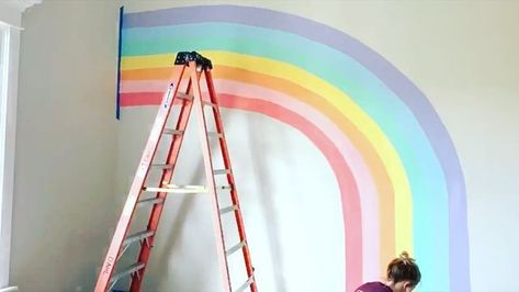 Diy Rainbow Mural, Diy Rainbow Wall, Rainbow Girls Room, Pastel Rainbow Wall, Rainbow Wall Mural, Rainbow Room Kids, Rainbow Mural, Girls Room Paint, Girls Room Diy