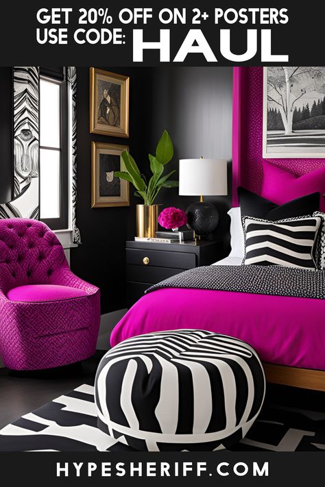 Hot Pink And Black Bedroom Ideas, Hot Pink And Black Room, Fuschia Bedroom, Bedroom Pallet, Hot Pink Bedrooms, Black Walls Bedroom, Bedroom Ideas Luxury, Eccentric Decor, Colorful Room Decor