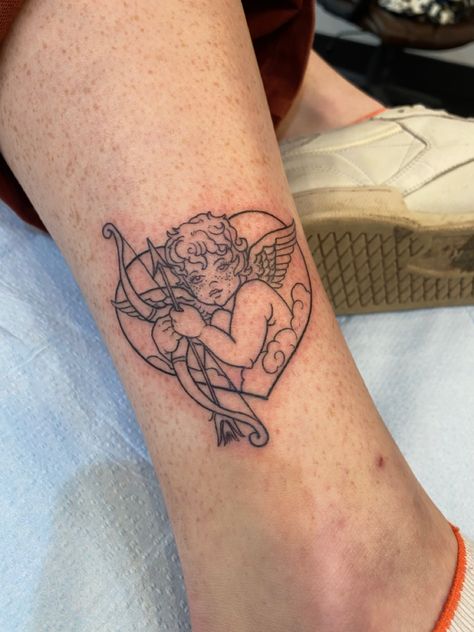 Traditional Heart Tattoo, Tattoo On Ankle, Traditional Heart Tattoos, Traditional Heart, Cupid Tattoo, Themed Tattoos, Hand Tattoos For Girls, Upper Arm Tattoos, Red Ink Tattoos