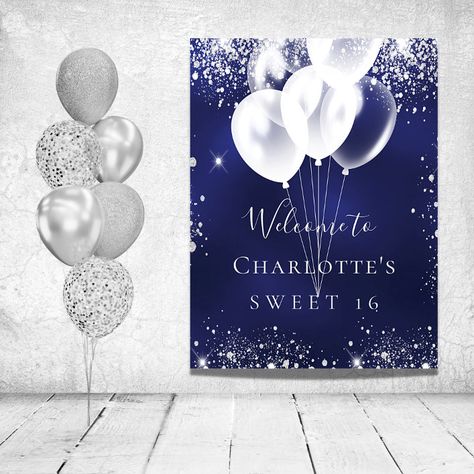 Sweet 16 navy blue white balloons welcome poster - Sweet 16 Gifts Sweet 16 Decorations, Glitter Balloons, Sweet 16 Gifts, Sweet 16 Birthday Party, Birthday Party 21, Welcome Poster, 16th Birthday Party, White Balloons, Birthday Board