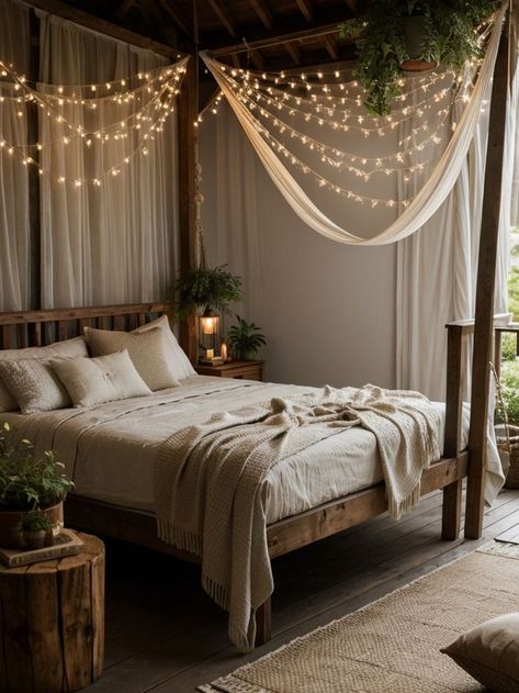 Create a charming outdoor-themed bedroom by incorporating natural elements like wooden furniture and leafy plant accents. Add a string of fairy lights and hang a hammock for a cozy and relaxing ambiance. 4 Poster Bed Fairy Lights, Bed Fairy Lights, Bedroom With White Bedding, Outdoor Themed Bedroom, Hang A Hammock, 4 Poster Bed, Dark Wood Bedroom, 4 Poster Beds, Outdoor Bedroom