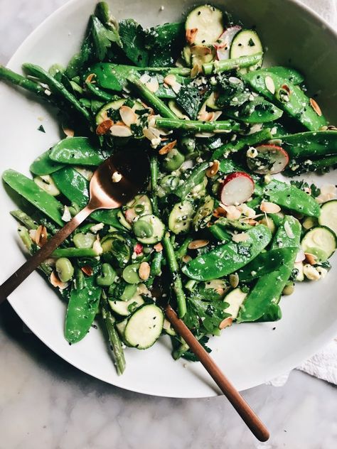 Snowpea, Feta, Almond and Asparagus Salad | The Healthy Hunter Asparagus Recipes Baked, Grilled Asparagus Recipes, Snow Pea, Olive Oil Dressing, Oil Dressing, Asparagus Salad, Asparagus Recipe, Green Vegetables, So Fresh