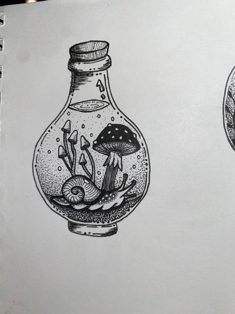 Mushroom Jar Tattoo, Mushroom In A Bottle Tattoo, Spell Bottle Tattoo, Jar Tattoo, Inky Cap Mushroom Tattoo, Witch Potion Bottles Drawing, Witchy Bottles Drawing, Ink Cap Mushroom Drawing, Bottle Tattoo