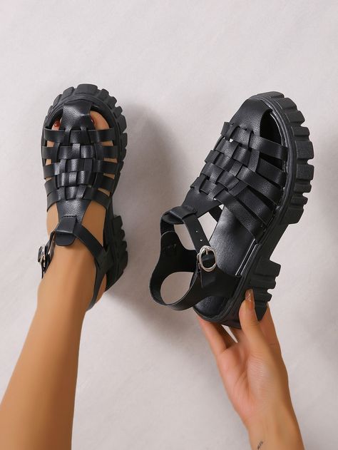 Black Fashionable Collar   Plain Wedge Sandals Embellished   Women Shoes Womens Gladiator Sandals, Platform Wedge Sandals, Shoe Style, Gladiator Sandals, Nice Shoes, Women's Style, Wedge Sandals, Womens Sandals, Fashion Shoes