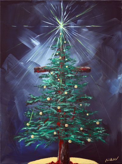 paintings on canvas with a cross in background | 18″x24″ acrylic on canvas Christmas Paintings On Canvas, Christmas Tree Painting, Holiday Painting, Christmas Canvas, Paintings On Canvas, Night Painting, Tole Painting, Noel Christmas, Christmas Paintings