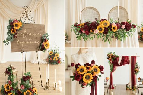 Red Sunflower Wedding, Red Roses And Sunflowers, Sunflower Wedding Ideas, Sunflower Bridesmaid Bouquet, Sunflower Wedding Centerpieces, Sunflower Wedding Invitation Template, Yellow Wedding Decorations, Burgundy Wedding Theme, Rose Wedding Theme