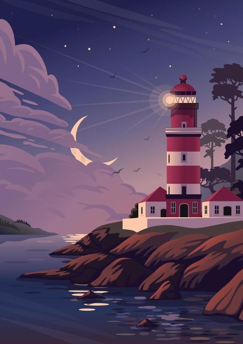 Lighthouse - vector landscape. Sea landscape with beacon on cliff and crescent in clouds. Vector illustration in flat cartoon style Adobe Illustrator Art, Vector Graphics Illustrations, Illustration Art Kids, Nature Art Drawings, Vector Art Illustration, Landscape Drawings, Cartoon Styles, Landscape Art, Vector Design