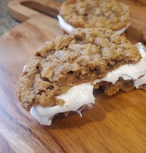 Oatmeal Cream Pie Cookies Joanna Gaines, Oatmeal Sandwich Cookies With Maple Buttercream, Oatmeal Cookies Sandwich Cream Pies, Oatmeal Creme Pie Cookies, Marshmallow Cookie Sandwich, Brown Sugar Oatmeal Cookies, Oatmeal Creme Pie, Brown Sugar Oatmeal, Quick Cookies Recipes