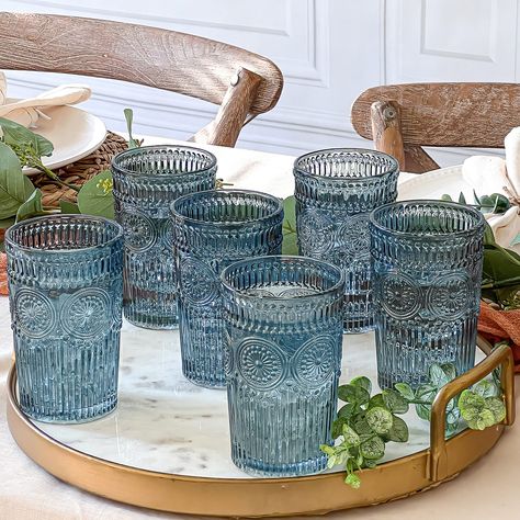 Blue Drinking Glasses, Drinking Glasses Set, Thrift Inspo, Blue Glasses, Rustic Baby, Rustic Baby Shower, Vertical Lines, Antique Store, Vintage Texture