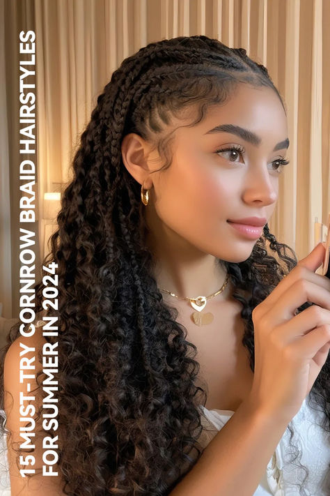 15 Must-Try Cornrow Braid Hairstyles for Summer in 2024 Cornrows With Wavy Hair, Braids For The Beach For Black Women, Boho Cornrows Braids, Curly Cornrows Braids, 4 Cornrows Braids Black Women, Tropical Braids, Hairstyles For Black Women Color, Hairstyles For Black Women Twist, Hairstyles For Black Women Updo