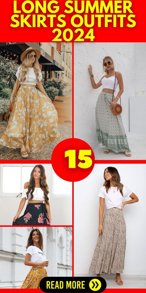 Long summer skirts outfits are your go-to for achieving a sophisticated yet casual summer style. Featuring a range of designs from black pleated to jean skirts, our collection ensures a versatile and fashionable choice for any occasion. Ideal for pairing with casual crop tops or a chic blouse, these skirts offer a modest option for hijab wearers as well. With their aesthetic appeal and flowy design, these skirts are an essential addition to your summer wardrobe. Summer Skirts Outfits, Pleated Skirt Outfit Summer, Long Summer Skirts, Skirt And Top Outfits, Flowy Skirt Outfit, Casual Crop Tops, Floral Skirt Outfits, Denim Skirt Trend, Skirt Outfit Summer