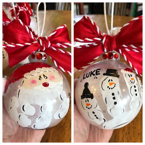 Hand Print Snowman Ornaments, Ornaments With Handprints, Diy Ornaments Kids Handprint, Handprint Ornaments Ball, Decorate Ornaments With Kids, Sibling Ornaments Diy, Toddler Homemade Ornaments, Handprint Snowman Ornament, Handprint Santa Ornament