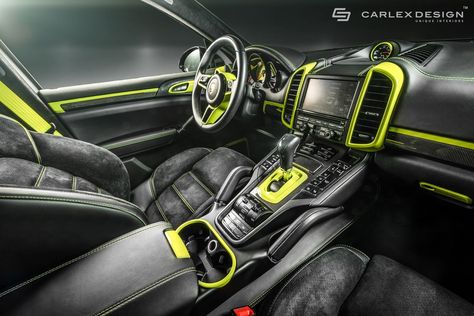 Carlex Design Adds Fluro Yellow To Porsche Cayenne S Yellow Car Interior, Porsche Interior, Cayenne S, Summer Jewelry Trends, Automotive Upholstery, Custom Car Interior, Car Interior Design, Porsche Models, Custom Interior