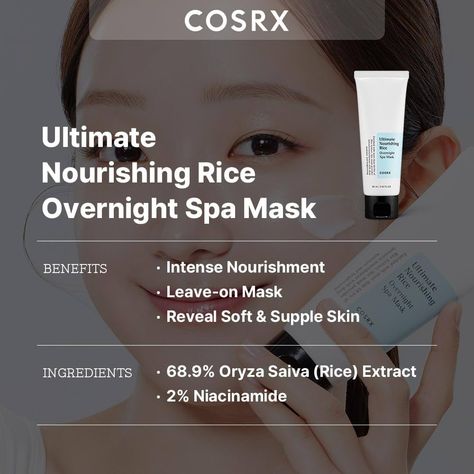 ✨COSRX Ultimate Nourishing Rice Overnight Spa Mask (60g) ✨ Available on Offer Price of 11% Discount 😘 Use this Bohemian code: OMP062024P51 and claim your 11% discount😍 https://ohsogo.com/products/cosrx-ultimate-nourishing-rice-overnight-spa-mask-60g . . . . . . . . #skincare #skincareproducts #koreanskincare #cosrx #koreanskin #clearskin #kbeauty #glassskin #kskincare #oilyskin #basicroutine #cosrx #cosrxricemask #cosrxultimatenourishingriceovernightspamask #moisturizerforoilyskin #moisturi... Spa Mask, Rice Mask, Spa Masks, Supple Skin, Overnight Mask, Palm Kernel Oil, Moisturizer For Oily Skin, Sunflower Seed, Sleeping Mask