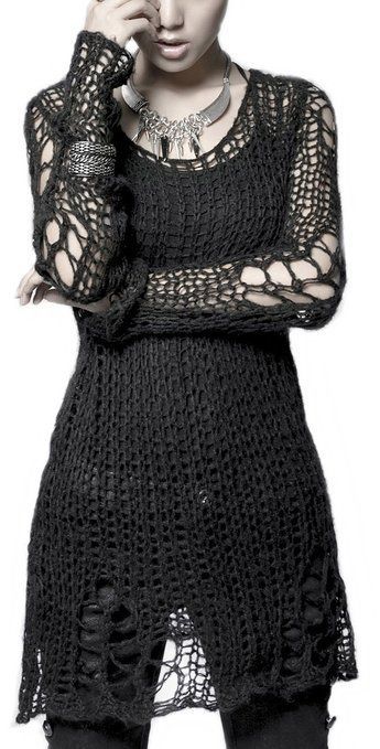 Punk Rave Visual Kei Loose-Knit Pullover Tunic Black.For feminine Boys okey.Can wear them. Gpthic Sweaters, Distressed Crochet Knit Sweater, Cross Net Sweater, Goth Winter, Goth Shop, Strega Fashion, School Sweater, Ripped Women, Diy Wardrobe