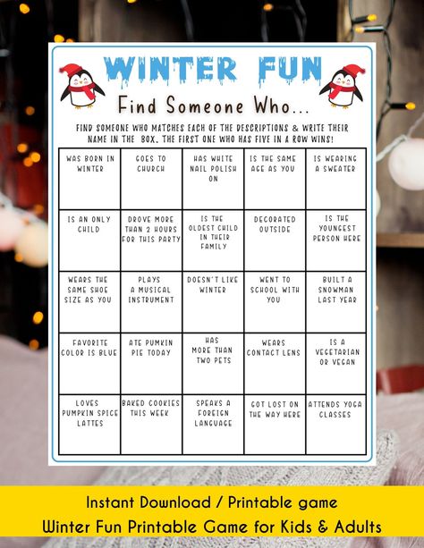 "Winter Find Someone Who Printable Game | Holiday Party Game | Winter Activity for Kid & Adult | Winter Game | Office Party game | Christmas This Winter Find Someone Who Game is an excellent activity for adults and kids. It is a fun activity and party game you can shine the party! Throw a party with this fun and easy printable game! NO PHYSICAL PRODUCT WILL BE SHIPPED ★ WHAT YOU GET ★ -Winter Find Someone Who Game <2 PDF Files> Each File with White Background : Print out on any colored or Kraft Christmas Find Someone Who Game, Find Someone Who Christmas Edition, Elementary Winter Party Ideas, Winter Party Games For Adults, January Activities For Adults, Winter Party Favors For Adults, Winter Classroom Party Ideas, Winter Games For Adults, Winter Birthday Party Ideas For Adults