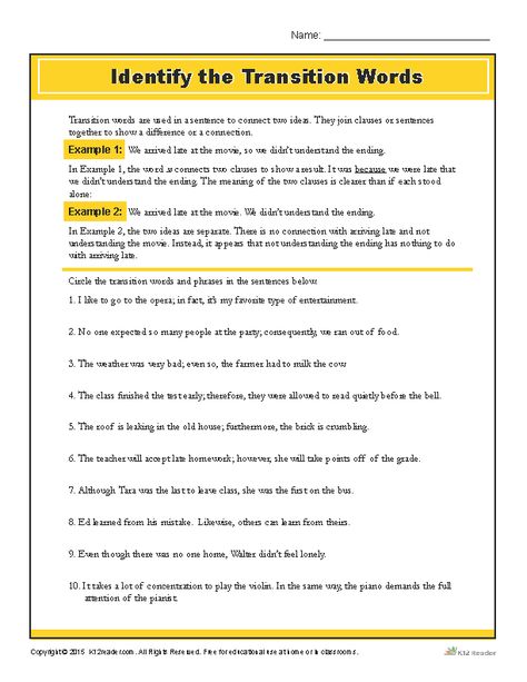 Practice identifying transition words with this helpful activity! www.k12reader.com Transition Word Activities, Transition Words For Story Writing, Transition Words In Writing, Transition Words For Narrative Writing, Good Transition Words, Transition Words Worksheet, Transition Words For Essays, Transition Words And Phrases, Conjunctions Worksheet