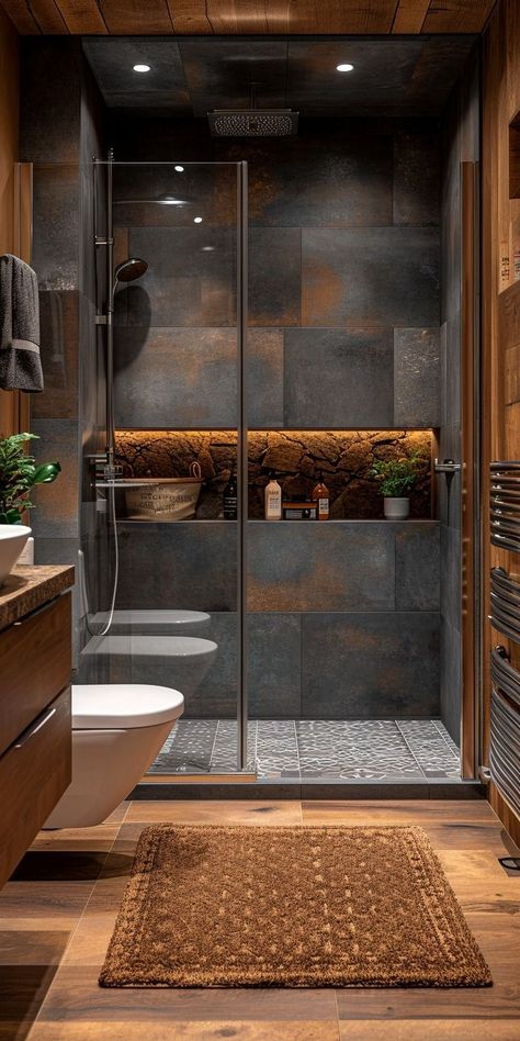 Black Rustic Bathroom Ideas, Log House Bathroom Ideas, A Frame House Bathroom, Bathroom Remodel Tub To Shower Walk In, Small Bathroom With Shower And Bath, Small Bathroom Layout Inspiration, Small Pool Bathroom Ideas, Men’s Bathroom, Dark Small Bathroom Ideas