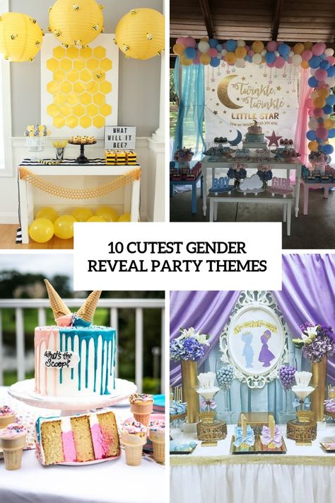 cutest gender reveal party themes cover Unique Gender Reveal Party Ideas, Gender Reveal Ideas For Party, Gender Reveal Party Gifts, Simple Gender Reveal, Creative Gender Reveals, Twin Gender Reveal, Gender Reveal Unique, Gender Reveal Party Theme, Gender Reveal Themes