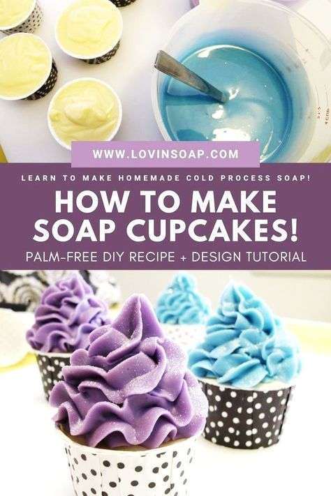 Learn how to pipe homemade cold process soap cupcakes with this palm free DIY soap recipe + tutorial on the Lovin’ Soap blog! I’ll walk you step by step through the process, with pictures, of course! If you are new to soapmaking, I suggest checking out my free basic soapmaking eBook that guides you through the full process of making a loaf of cp soap, first. I’ve included a link to that in this tutorial! Click through and let’s make soap!