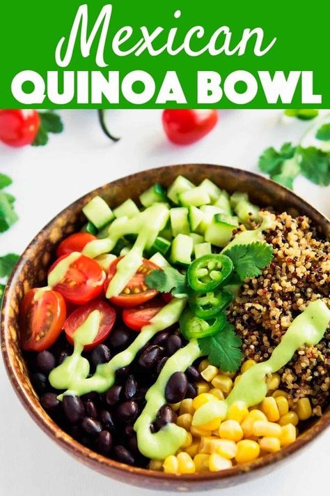 Mexican Quinoa Bowl with Avocado Salsa - VIDEO » LeelaLicious Mexican Quinoa Bowl, Tricolor Quinoa, Mexican Quinoa, Healthy Mexican, Quinoa Salad Recipes, Quinoa Bowl, Healthy Bowls, Vegan Mexican, Avocado Salsa